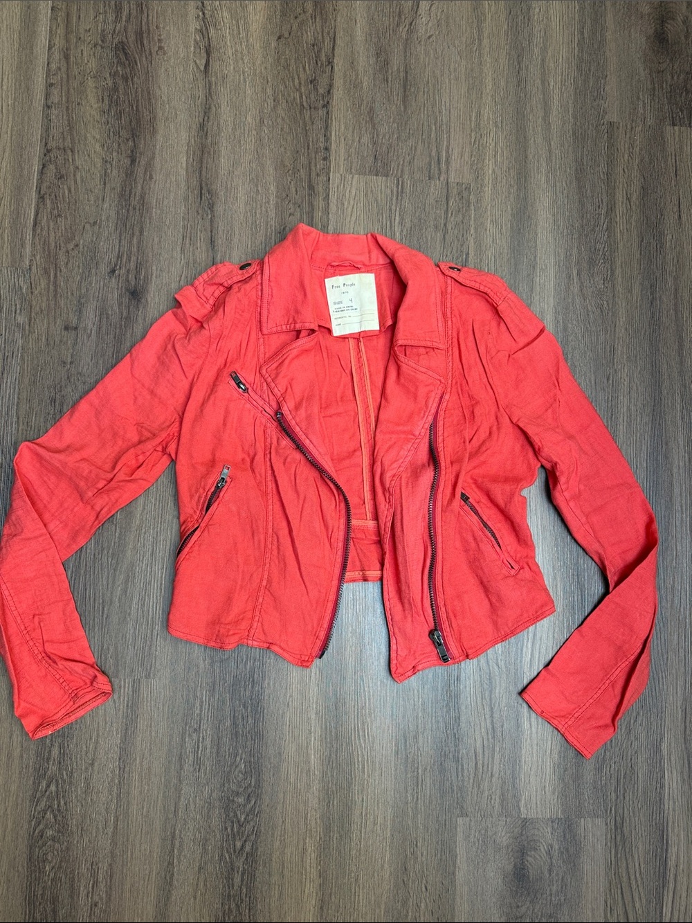 Free People Coral-Red Cropped Moto Jacket